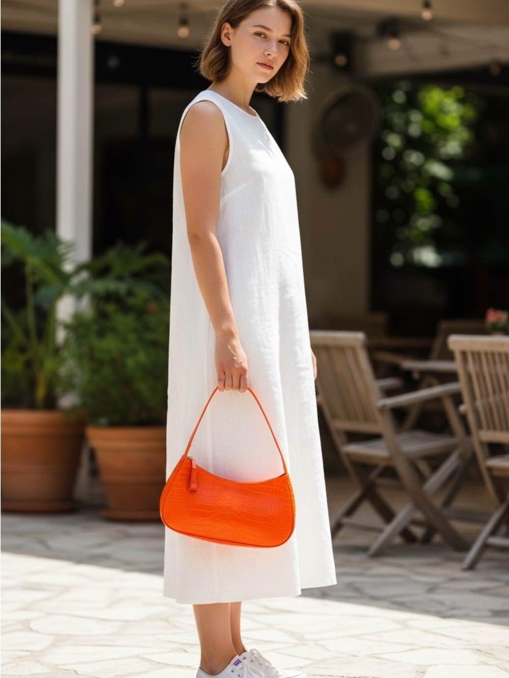 Bright Orange Croc-Texture Hobo Shoulder Bag